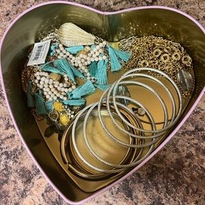 Gold and Turquoise Tassel Statement Necklace with Gold Bangles